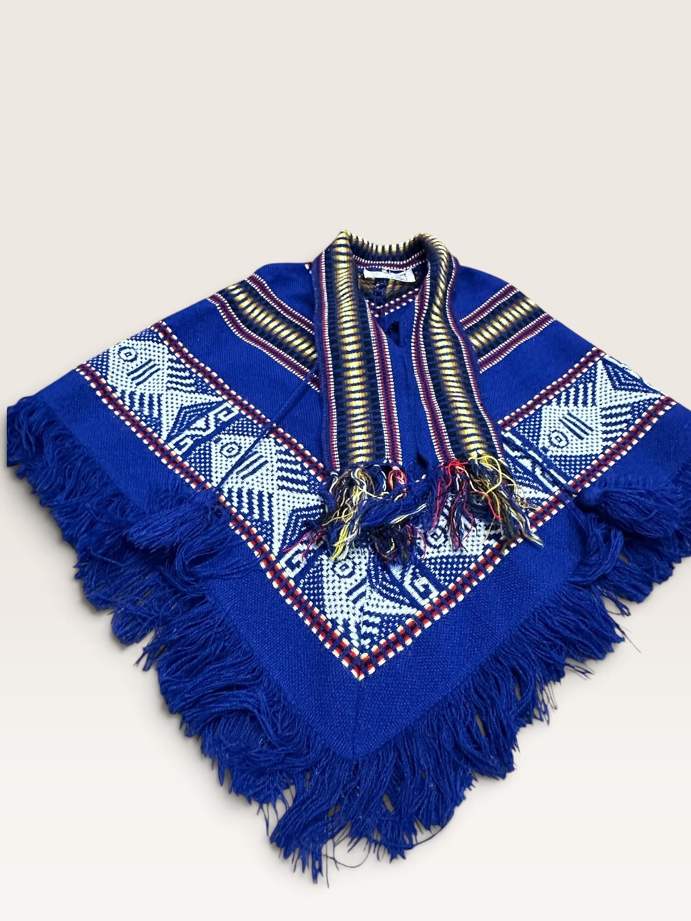 Vintage Kids Inca Imports Blue Fringe Poncho Geometric w/ Attached Scarf Ecuador